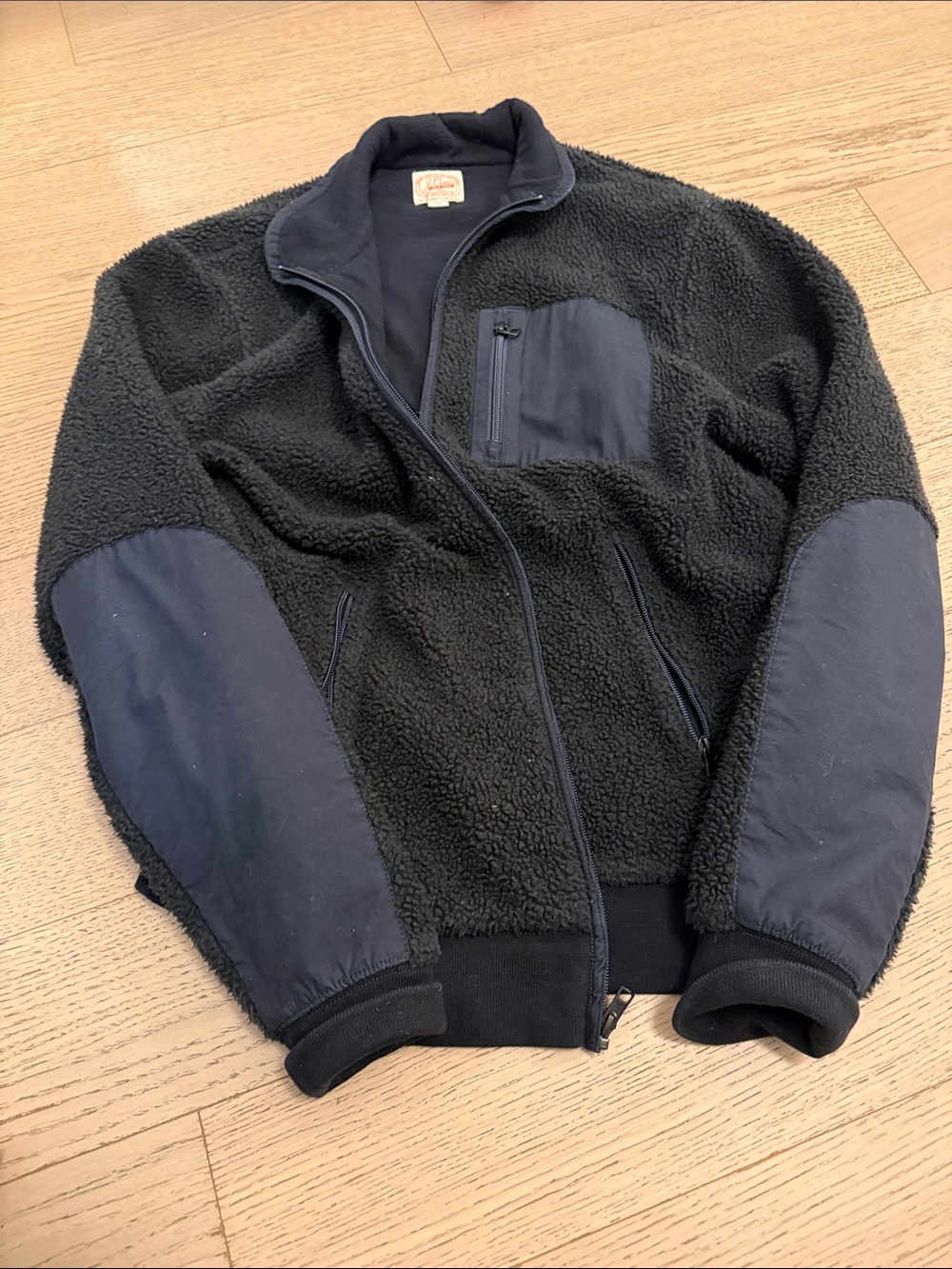 J. Crew Black Sherpa Fleece Jacket with Navy Reinforced Patches